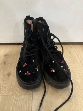 Betsy Johnson Black velvet girls Lace-Up Ankle Boots with Gemstone Beaded